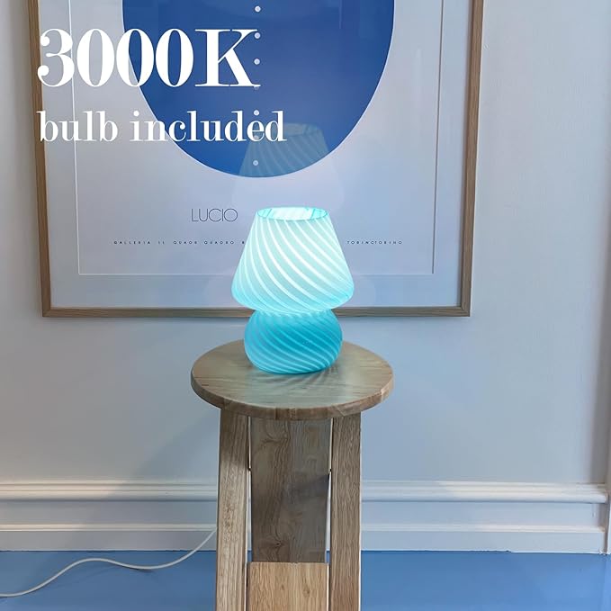 ONEWISH Mushroom Lamp, Small Table Lamp with Sea Blue Striped Glass, Nightstand Lamp Bulb Included