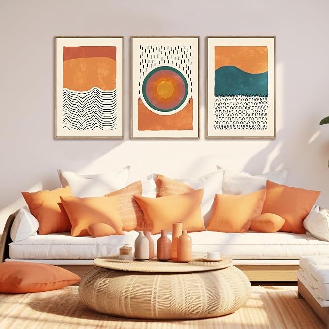 HPINUB Boho Abstract Framed Canvas Prints Wall Art Set, Mid-Century Color Block Shape Wall Decor, Minimalist Illustrations Art Photos for Living Room, Bedroom, Dining Room, Office, Bathroom-24"x36"x3