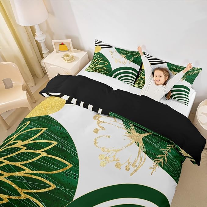 Erosebridal Green Boho Modern Duvet Cover King Size for Women Men Adults - Mid Century Abstract Comforter Cover Bohemian Geometric Bedding Set Chic Contemporary Stripes Bed Set