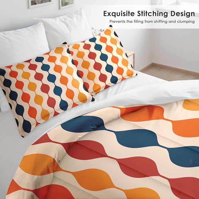 Pamnest Comforter Set Full Size, Geometric Hippie Multicolored Soft 3 Pcs Bedding for Kids and Adults, Retro Vintage 70S Comforter Set with Pillowcase, for Bedroom Bed Decor