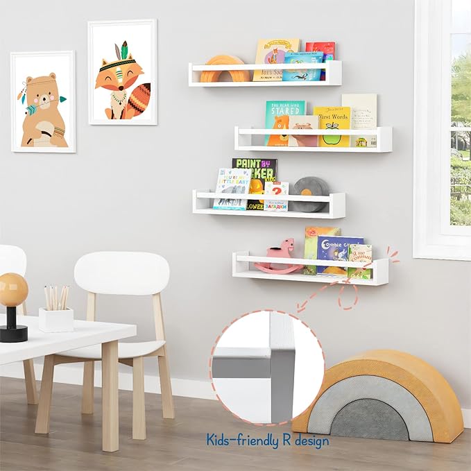 Forbena 24 Inch Wall Bookshelf for Kids Bedroom Set of 4, White Floating Nursery Book Shelves for Baby Toddler Children Girls Boys Room Decor, Large Wood Wall Mount Bookshelves and Toy Storage