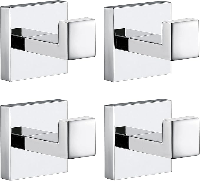 Towel Hooks for Bathrooms, Chrome Polished Towel Hook for Kitchen Bathroom, SUS304 Stainless Steel Coat Hook, Square Heavy Duty Robe Hooks for Hanging Towels, Coats, sponges, Wall Mount, 4 Pack