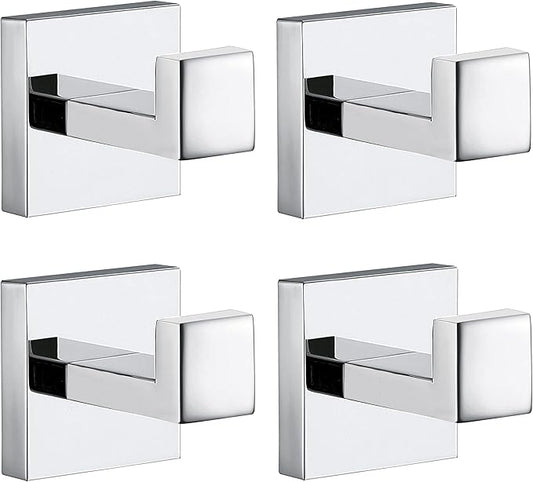 Towel Hooks for Bathrooms, Chrome Polished Towel Hook for Kitchen Bathroom, SUS304 Stainless Steel Coat Hook, Square Heavy Duty Robe Hooks for Hanging Towels, Coats, sponges, Wall Mount, 4 Pack
