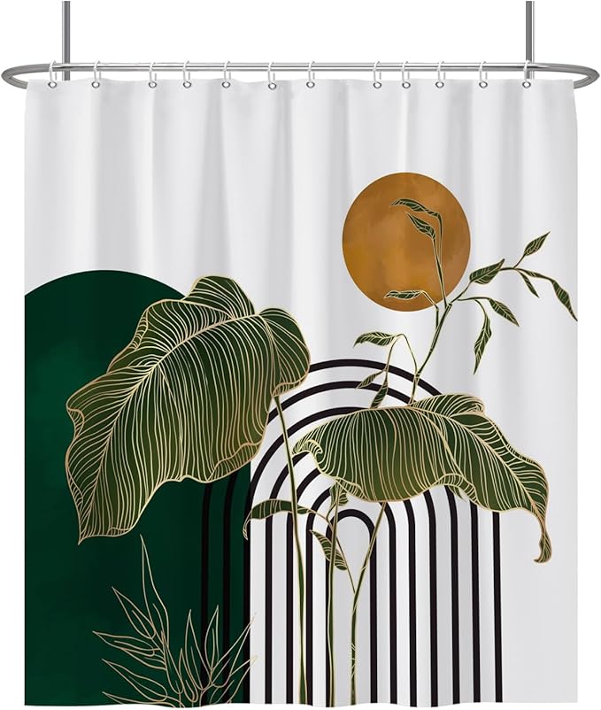 Baocicco Boho Shower Curtain Green Gold Leaves Plants Sun Modern Abstract Geometric Shower Curtains Decorative for Bathroom Waterproof Fabric Shower Curtain with Hooks 72x78 Inches
