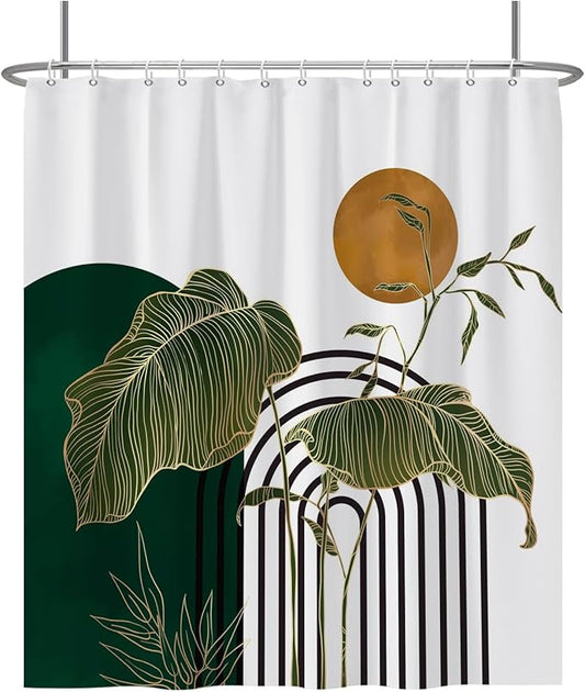 Baocicco Boho Shower Curtain Green Gold Leaves Plants Sun Modern Abstract Geometric Shower Curtains Decorative for Bathroom Waterproof Fabric Shower Curtain with Hooks 72x78 Inches