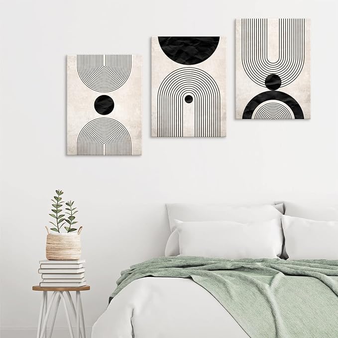 arteWOODS Wall Art Canvas Set Mid Century Boho Pictures Modern Abstract Geometric Wall Decor Minimalist Black Beige Bohemian Canvas Painting Artwork for Living Room Bedroom Office 12"x16"x3