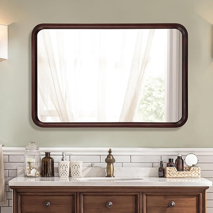 Bathroom Mirror for Wall,Wood Rectangle 24 x 36 inch Hanging Vatiny Tempered Mirrors with Rounded Corner for Living Room,Bedroom,Entryway