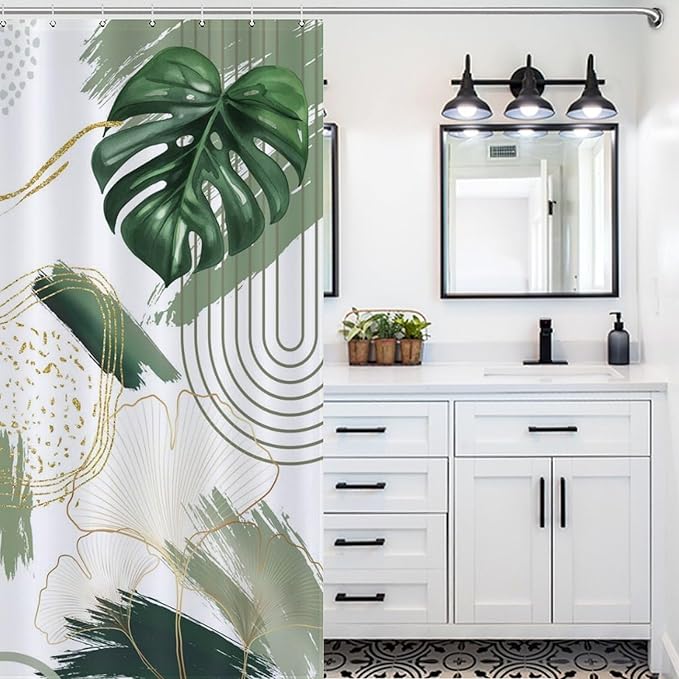 Green Boho Shower Curtain,Modern Tropical Abstract Gold Palm Leaves Plant Bathroom Decor Curtains Minimalist Fabric Bath Curtain with Hooks,72x84Inch