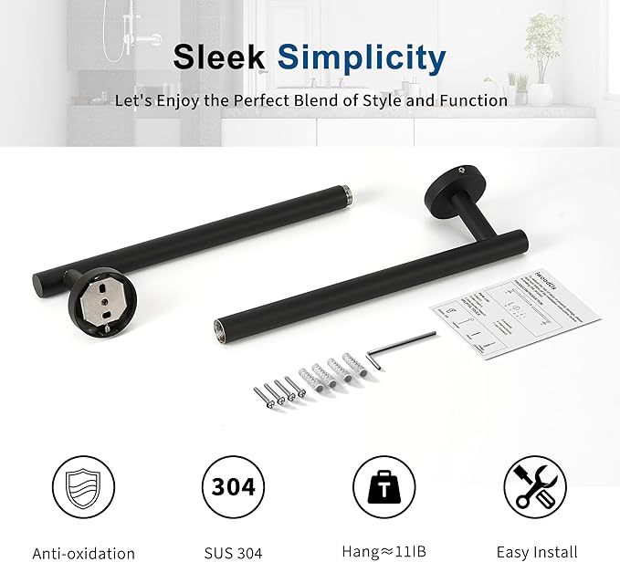 Matte Black Towel Bar, 18 Inch Towel Racks for Bathroom Wall Mounted, Thicken SUS304 Stainless Steel Heavy Duty Hand Towel Holder Organizer, Bathroom Accessories, Total Length 20.5 Inch