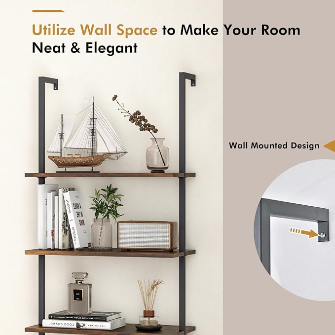 Giantex 5 Tier Modern Wall Mounted Bookshelf Rustic Brown, 71" Industrial Wood Bookcase with Steel Frame, Stand Display Storage Rack Organizer Ladder Shelf for Living Room, Kitchen