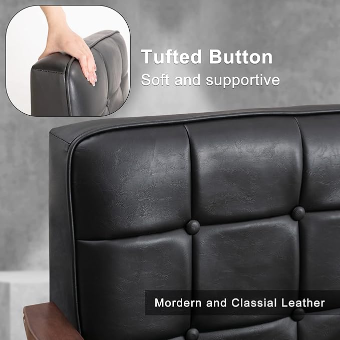 Okeysen Mid Century Modern Accent Chair, Retro Wood and Leather Armchairs Side Chair, Lounge Reading Comfy Arm Chair for Living Room, Bedroom, Office (Matte Black)