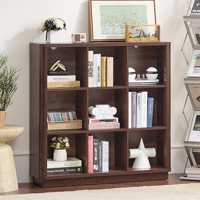 9 Cube Bookshelf, 41" Tall Organizer Bookcase with Curved Edge, Wood Floor Standing 3-Tier Cubby Book Shelf with Base, Vintage Display Storage Cabinet for Living Room, Home Office, Walnut