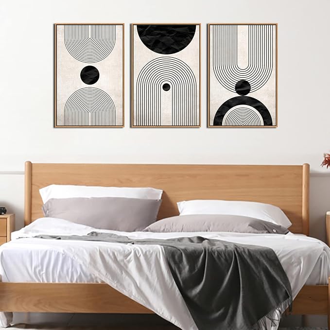 Framed Wall Art Canvas Set Mid Century Boho Pictures Modern Abstract Geometric Wall Decor Minimalist Black Beige Bohemian Canvas Painting Artwork for Living Room Bedroom Office 16"x24"x3 Natural