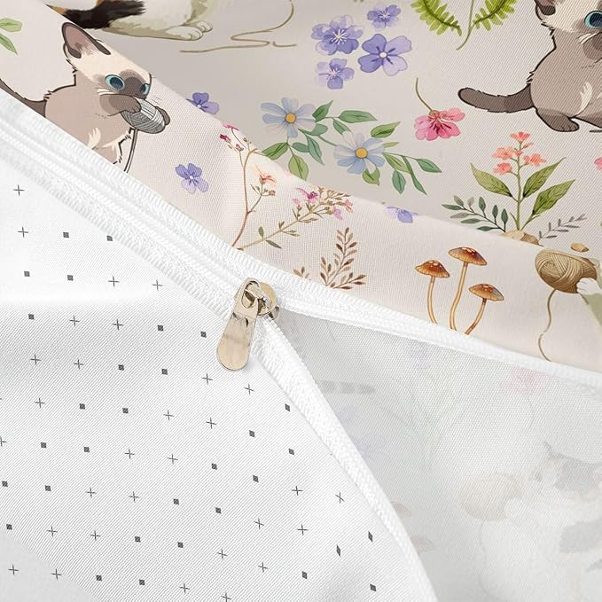 Erosebridal Cute Cat Bedding Set King Kitten Cat Lovers Duvet Cover Cream Boho Watercolor Floral Comforter Cover for Kids Girls Boys Adults Funny Pet Animal Bed Set