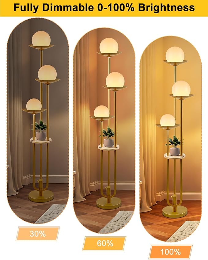 63IN Globe Floor Lamp with Shelf 3-Lights Modern Dimmable Floor Lamps with 3000K Soft Warm White Bulbs for Wedding/Party, Gold Tall Standing Lamp for Living Room/Bedroom