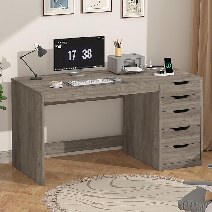 YOMILUVE 47 Inch Computer Desk with 5 Drawers and Power Outlets, Home Office Desks with Storage File Cabinet, Modern Simple Laptop Desk Writing Table for Small Spaces, Grey