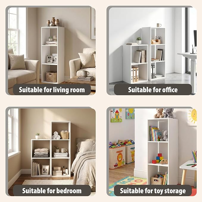 Endearing Limons【2026 Wooden 3 Cube Shelf Storage Organizer with Anti-Tipping Kits + Reversible Open Back Solid Panel Bookcase (11 x 11 Unit Cell White)