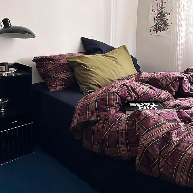 mixinni Vintage Burgundy Buffalo Plaid Comforter Cover Set Twin Size - 3 Piece Mid-Century Modern Washed Cotton Bedding, Soft Breathable Grid Duvet Cover with Matching Pillowcases for All-Season