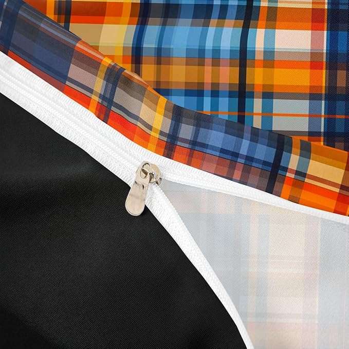 Erosebridal Boys Girls Plaid Comforter Cover King Orange Blue Checkered Bedding Set for Kids Teens Buffalo Grid Stripes Geometric Quilt Cover Rustic Farmhouse Style Bed Set with Zipper