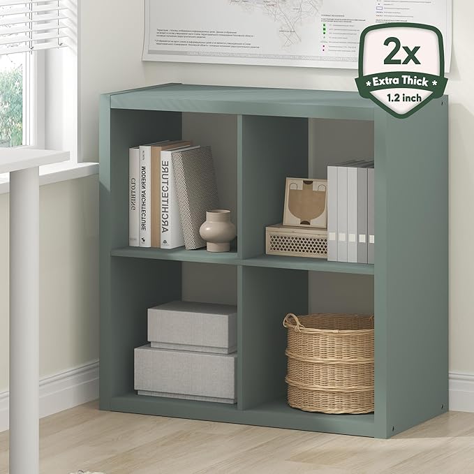 Furinno Cubicle Book Shelf, 4-Cube Bookshelf, Extra Thick Frame Reversible Bookcase with Open Back, 14.6" x 30" x 30", for Living Room, Bedroom, Home Office, Sage Green