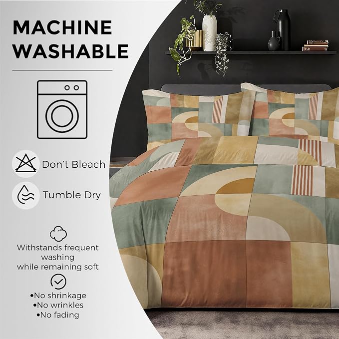 Mid Century Modern Duvet Cover Oversized King Size, Abstract Geometry Bedding Set 3 pcs with 2 Pillow Covers, Mid Century Bedroom Decor, Soft Microfiber Reversible, Zipper & Ties KJJT 81