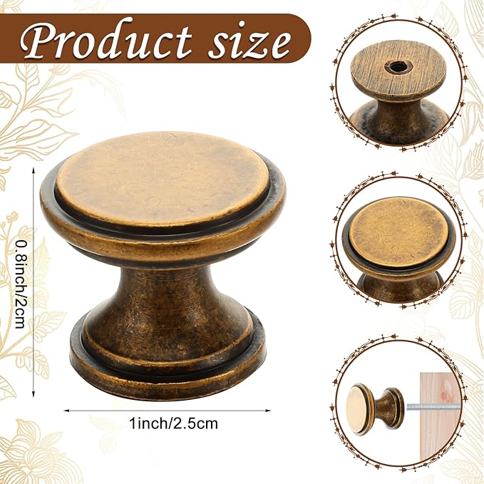 Shimeyao 10 Pack Vintage Antique Brass Cabinet Knobs 1 Inch Round Dresser Knobs Kitchen Drawer Knob Brushed Brass Hardware Single Hole Cupboard Door Knob Dresser Pulls Handles