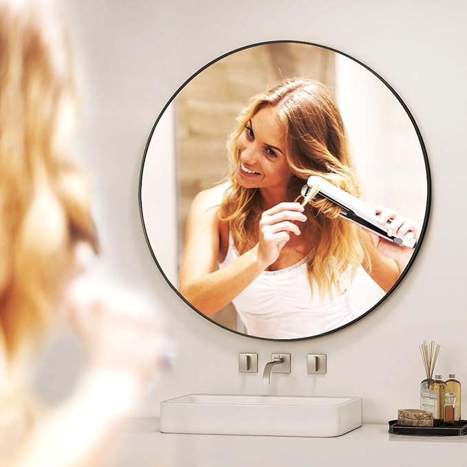 48 Inch Round Bathroom Mirror - Black Wall Mounted Circle Mirror with Metal Frame, Modern Round Hanging Mirror Suitable for Bathroom, Vanity, Entryway, Living Room
