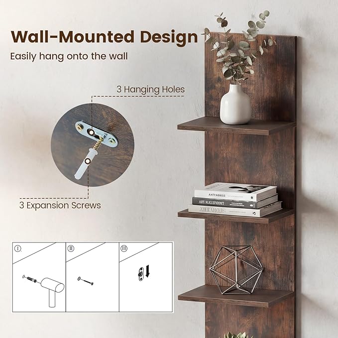 GOFLAME 5-Tier Wall Shelf, Wooden Display Floating Shelves, Wall Mounted Bookshelf Shelving Unit, Modern Storage Organizer Vanity Shelves for Living Room, Bedroom, Home Office (2,Rustic Brown)