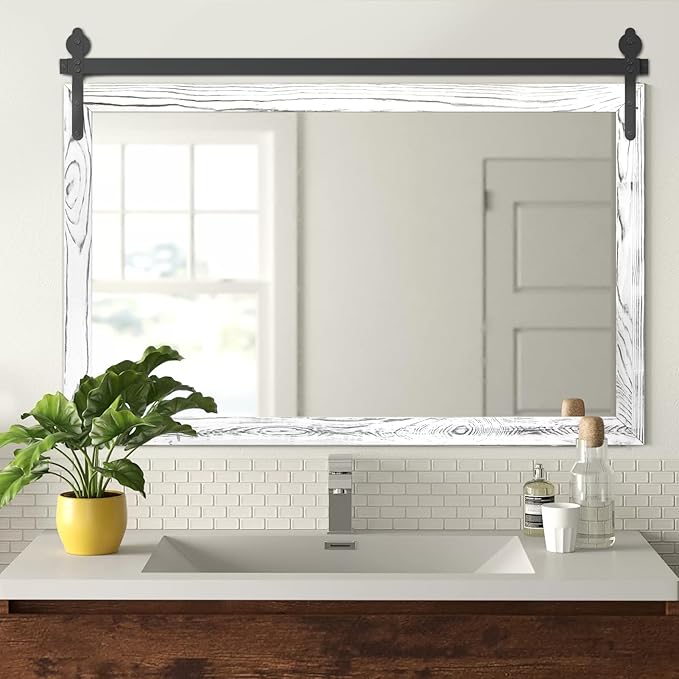 YOSHOOT Farmhouse Barn Door Mirror, 40"x26" Rustic Wood Framed Wall-Mounted Vintage Mirror, Wooden Farmhouse Style for Bathroom, Living Room, Entryway, White, Horizontal Hanging Only