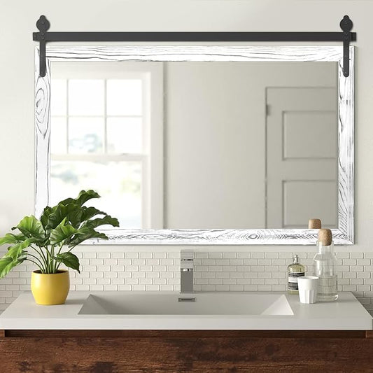 YOSHOOT Farmhouse Barn Door Mirror, 40"x26" Rustic Wood Framed Wall-Mounted Vintage Mirror, Wooden Farmhouse Style for Bathroom, Living Room, Entryway, White, Horizontal Hanging Only