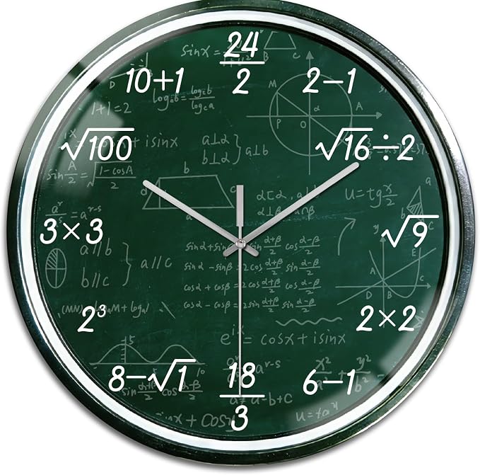 peacoblue Wall Clocks Battery Operated 12 Inch Math Problems on Blackboard Glass Round Wall Clock Non Ticking for Kitchen Living Room Dining Room Classroom and Study Room Decor (Battery Not Included)