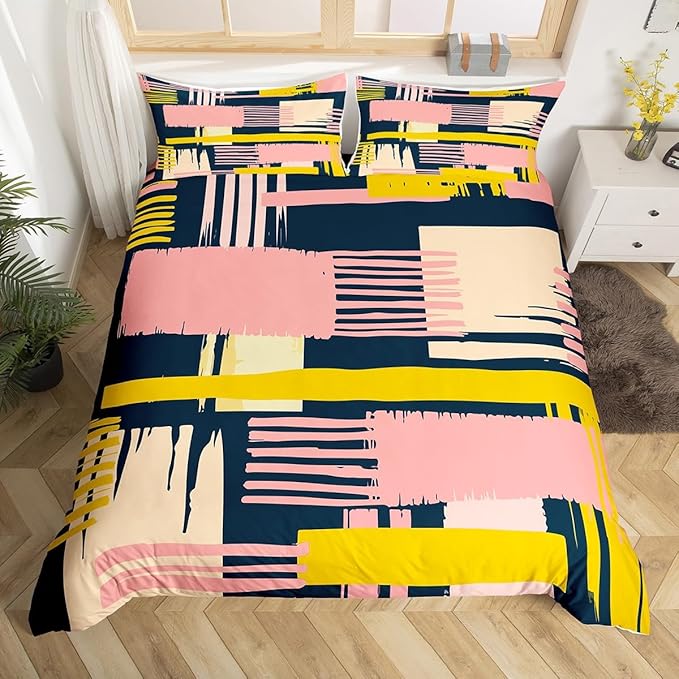 Vintage Mid Century Comforter Cover Retro Minimalism Bed Set Hippie Watercolor Duvet Cover Queen Size Pink Beige Navy Ombre Bedding Sets, Geometric Stripe Patchwork Bedspread Cover Abstract Decor