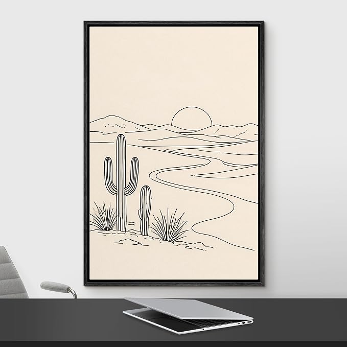 Woodrose Framed Canvas Print Wall Art Minimalist Desert Landscape Line Illustrations Modern Art Minimalist 3D Colorful Ultra for Living Room, Bedroom, Office - 16"x24" BLACK