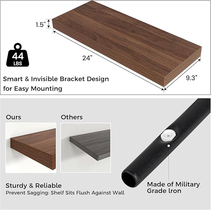 Floating Shelves for Wall, Engineered Wood Wall Shelves with Invisible Brackets for Living Room Bedroom Bathroom Office Kitchen Decor and Storage (Walnut, 24" W x 9" D x 1.5" H) Set of 2