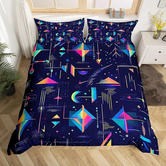 80s 90S Fashion Style Bedding Set Queen Size,Retro Memphis Style Pattern with Geometrical Shapes Duvet Cover for Kids Child,Funky Hipster Old Fashioned Comforter Cover Triangle Geometric Decor