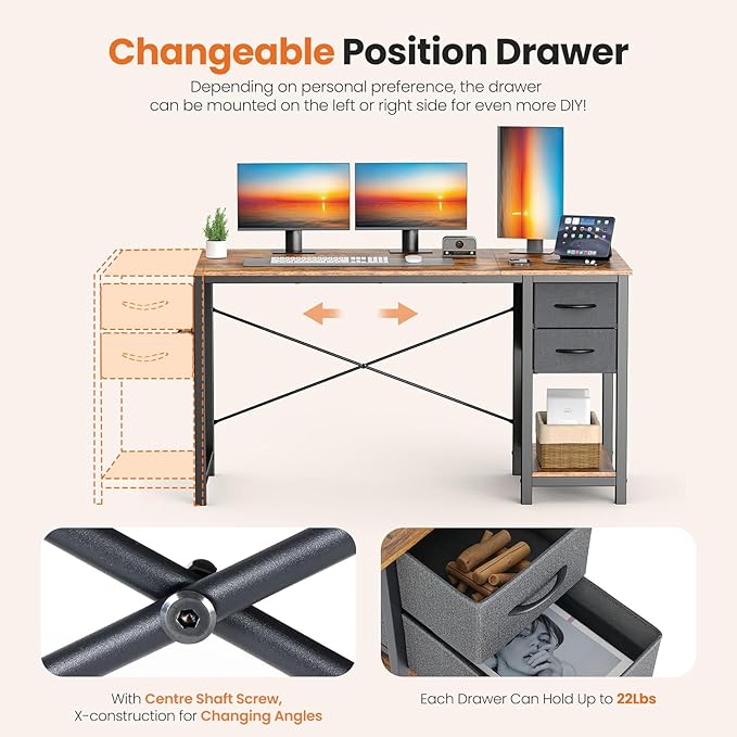 Sweetcrispy 47 Inch Computer Desk with Drawers for Home Office Writing Desk X Shaped Reinforcement Wood Surface Adjustable Position Modern Study Work Side Hook Metal Frame Storage Station Rust