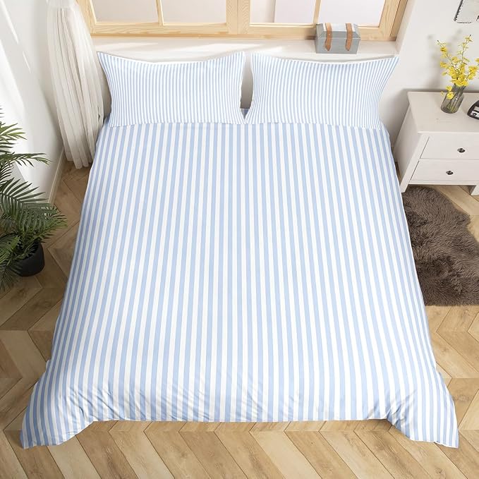 Erosebridal Blue White Stripe Duvet Cover Queen Geometric Ticking Stripes Bedding Set for Kids Teens | Farmhouse Vertical Stripes Bedspread Cover Modern Abstract Bed Set with 2 Pillow Cases