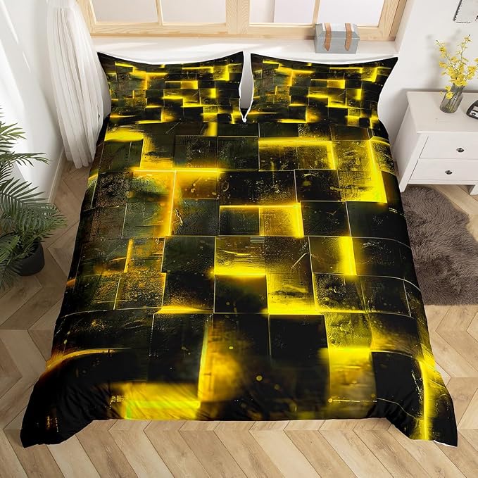 Black Yellow Abstract Gradient Square Bed Set Grid King Duvet Cover Neon Checkered Bedding Set King Glowing Plaid Bedspread Cover 3D Modern Room Decor 3pcs (Black Reversible)