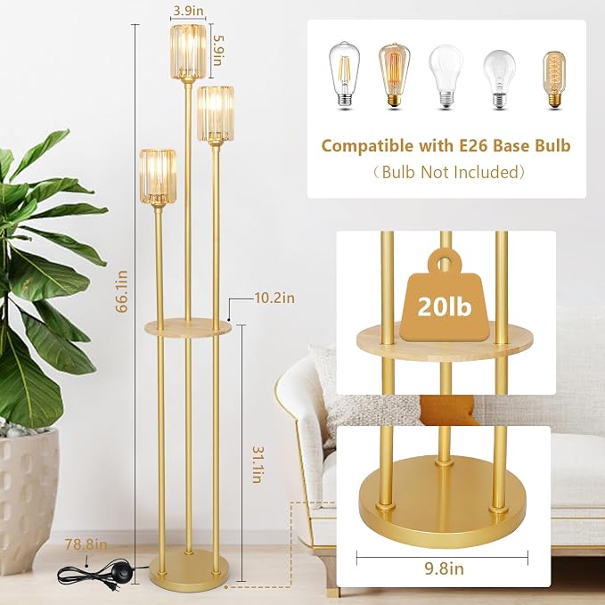 HMVPL Gold Standing Lamp with Shelf, Vintage Floor Lamp for Living Room, Retro Floor Lamp with Table, Mid Century Tall Lamp with Amber Crystal Shade, On/Off Switch, Brass Boho Corner Lamp for Bedroom