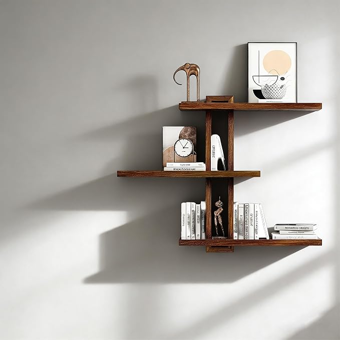 Modern Wooden Floating Shelf, 3 Tier Wall-Mounted Storage Rack, Mid Century Modern Display Shelves for Plant Rock Crystal Photo, Farmhouse Wall Decor for Living Room Bathroom (Brown)