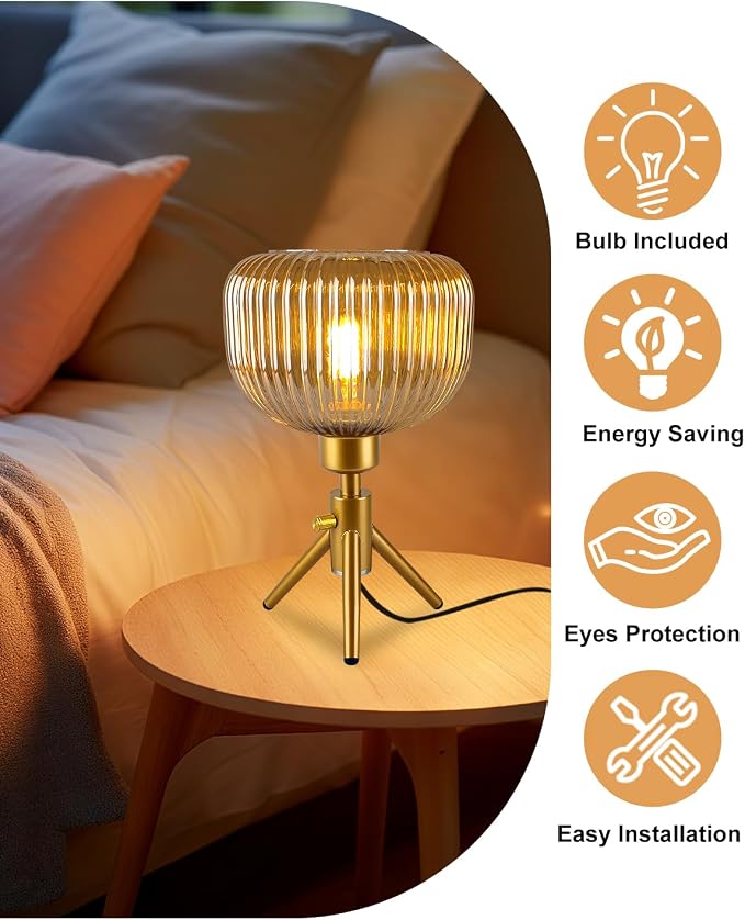 Lightdot Tripod Glass Table Lamp Gold Small Desk Lamp with Brown Striped Glass Shade, 3000K Warmwhite Dimmable Nightstand Lamp for Bedroom/Bedside/Living Room/Study Room/Home Decor