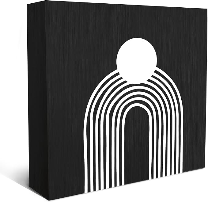 SRADMO Boho Sun Rainbow Abstract Geometric Balance Arch Shapes Wood Box Sign Desk Decor, Black Boho Mid Century Modern Art Wooden Box Sign Decor for Home Office Shelf Table Decorative Accessories