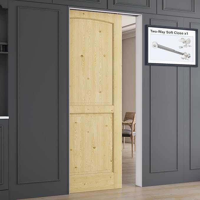 32" x 80" 2 Panel Arch Top All-Inclusive Soft Close & Solid Core Sliding Pocket Door, Pine Wood Door with Frame & Hardware Kit, Pocket Interior Doors for Home, Unfinished