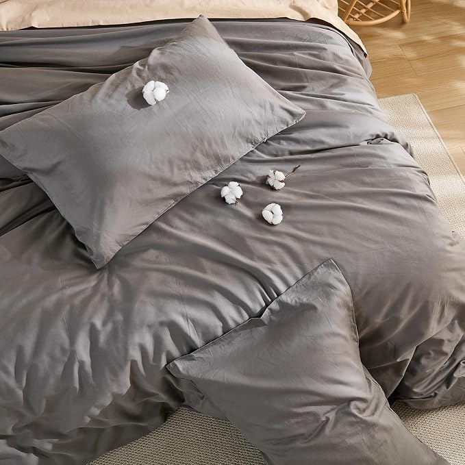 100% Washed Cotton Duvet Cover King Size – Dark Grey, Linen-Like Texture, Super Soft & Breathable Bedding Set, 3-Piece Durable Percale Comforter Cover