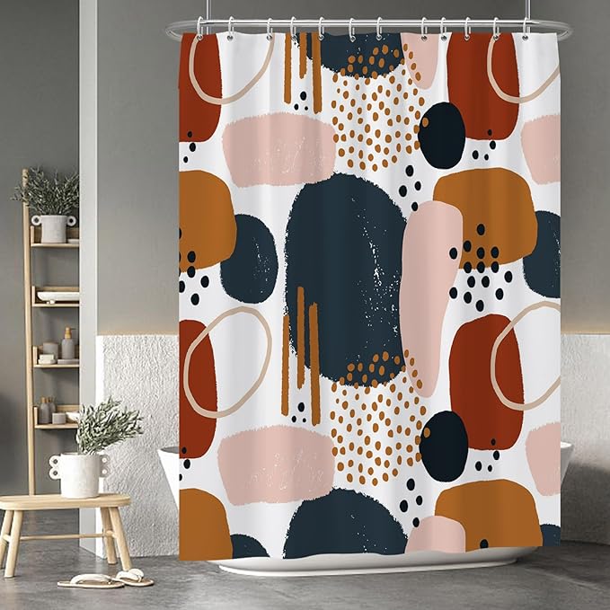 Baocicoo Abstract Shower Curtain Grey and Brown Blocks Black Dots Aesthetic Minimalist Shower Curtains for Bathroom Hostel Hotel Durable Fabric Waterproof Curtain for Bathroom with Hooks 72x96Inches