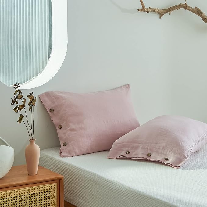 Simple&Opulence 100% Linen Duvet Cover Set 3pcs with Coconut Button Closure Natural French Washed Flax Solid Color Soft Breathable Farmhouse Bedding - Blush Pink, Full Size