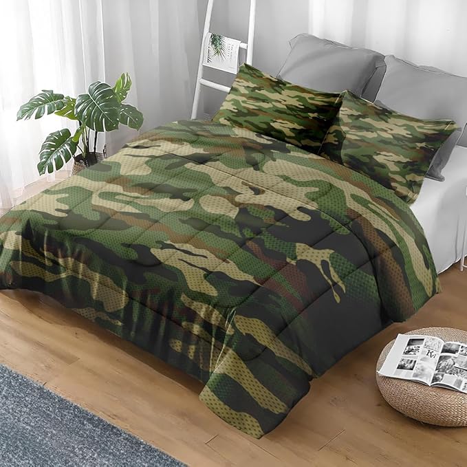 Pamnest Comforter Set Full Size, Military Camouflage Soft 3 Pcs Bedding for Kids and Adults, Army Green Camo Comforter Set with 2 Pillowcases for Bedroom Bed Decor