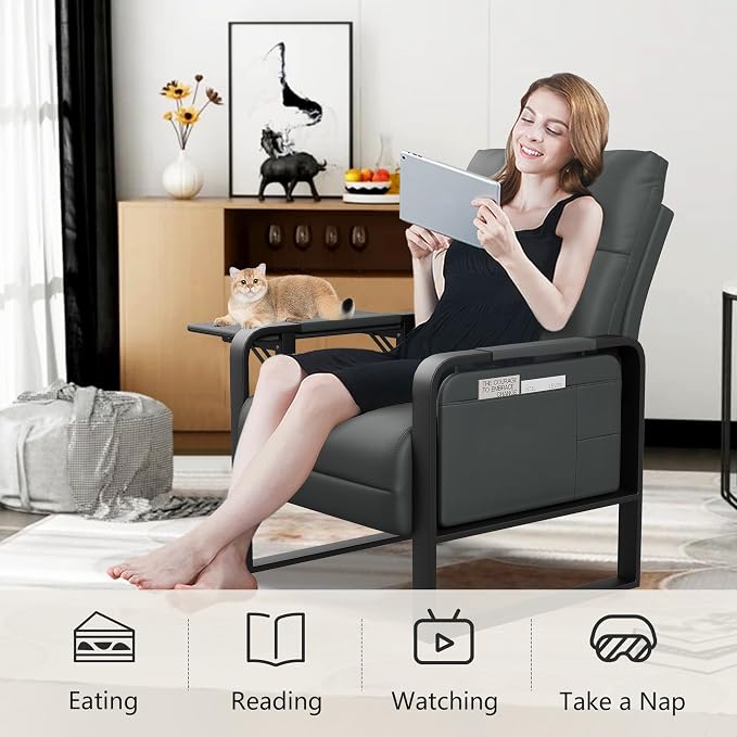 Alunaune Upholstered Living Room Chair Armchair, Mid Century Faux Leather Metal Accent Chair, Reception Couch Slipper Club Lounge Chair Guest Comfy Single Sofa with Sidetable for Bedroom-Dark Grey