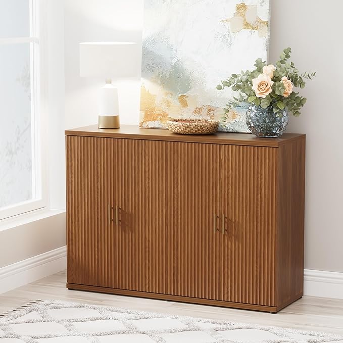 Yechen Walnut Accent Fluted Sideboard Buffet Cabinet with Storage and 4 Doors, Mordern Credenza Storage Cabinet with Adjustable Shelves, Media Console Table, for Living Room Dinning Entryway Kitchen