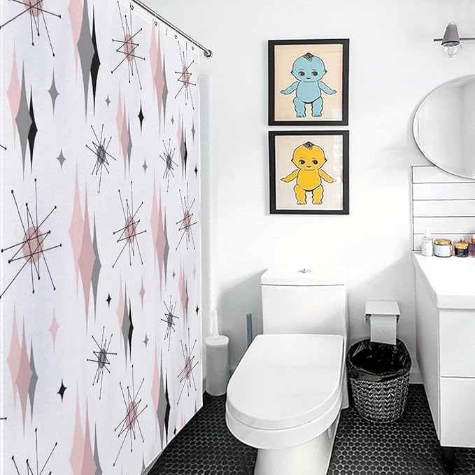 Mid Century Modern Shower Curtain, Pink Gray Geometric Atomic Abstract Pattern 1950s 1960s Retro Vintage Style Waterproof Fabric Bathroom Shower Curtain Set with Hooks, 72"x84" Inch